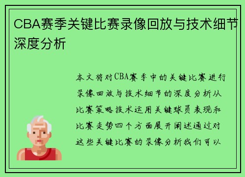 CBA赛季关键比赛录像回放与技术细节深度分析