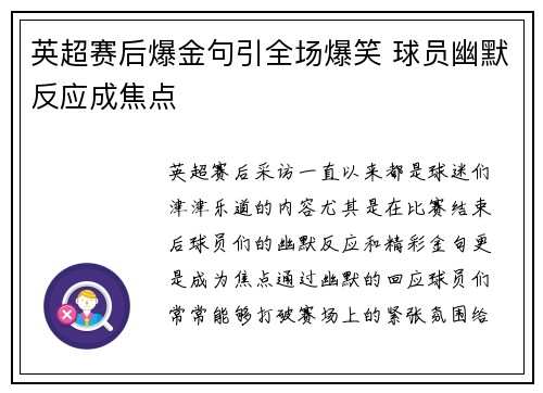 英超赛后爆金句引全场爆笑 球员幽默反应成焦点