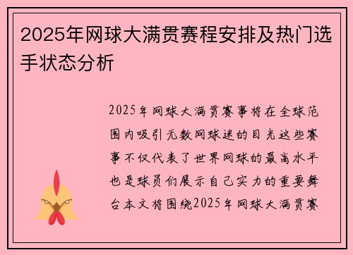 2025年网球大满贯赛程安排及热门选手状态分析