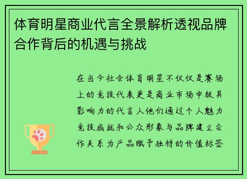 体育明星商业代言全景解析透视品牌合作背后的机遇与挑战