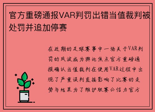 官方重磅通报VAR判罚出错当值裁判被处罚并追加停赛