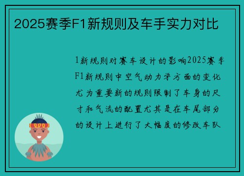 2025赛季F1新规则及车手实力对比