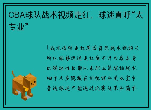 CBA球队战术视频走红，球迷直呼“太专业”